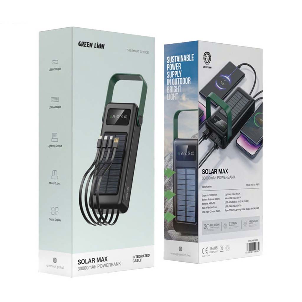پاوربانک خورشیدی 30000 تایپ سی، لایتنینگ، یو اس بی و میکرو یو اس بی گرین لاین GNSLRPB30KBK